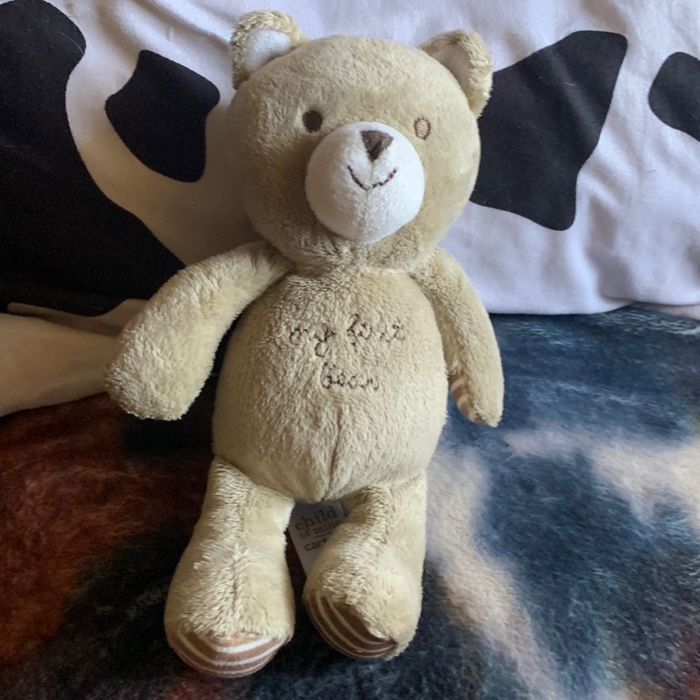 Teddy bear with rattler in side.